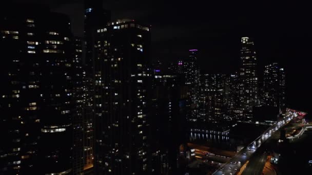 美国芝加哥市芝加哥河沿岸的许多高层办公楼和住宅大楼夜间被美丽的无人驾驶飞机击中 — 图库视频影像