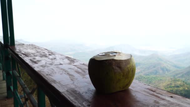 Vietnam Daki Dağların Manzaralı Kafe Bar Masasında Taze Hindistan Cevizi — Stok video