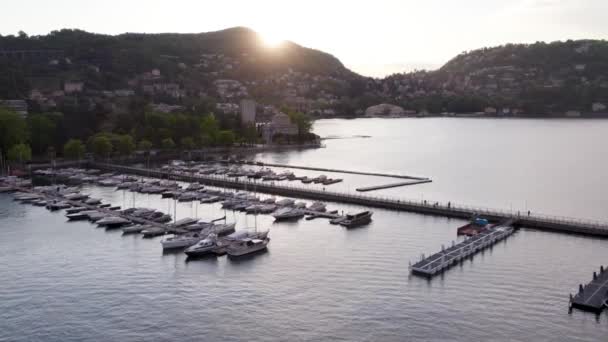 Sunset Aerial Marina Como Filled Leisure Craft Lake Como Italy — Stock video