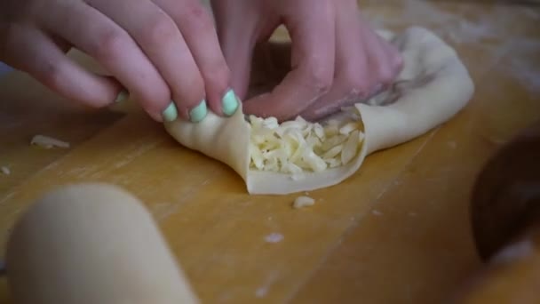 Close Homemade Mini Stuffed Crust Pizza Being Made Kitchen — Stock Video