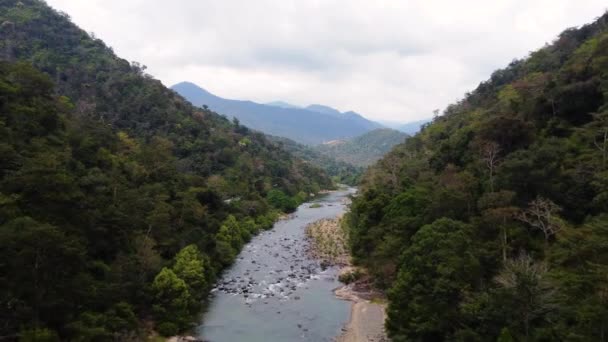 ベトナムの空中ビュー渓谷川アジア 山の森の荒野の風景の上のドローン内陸 — ストック動画