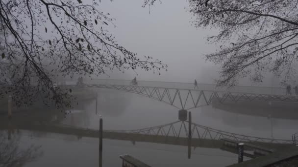 橋の霧の中で人々のシルエットを歩く — ストック動画
