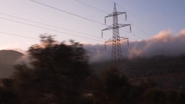 Running Shot Rock Mountain Combination Green Tress Pink Clouds Sky — Stock Video