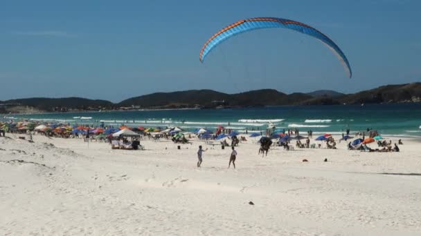 ブラジル沿岸のカボ フリオのビーチから晴れた日に離陸するパラモーター スローモーション — ストック動画