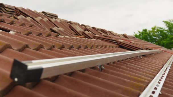 Railings Mount Solar Panels Top Terracotta Roof Tiles — Stock Video