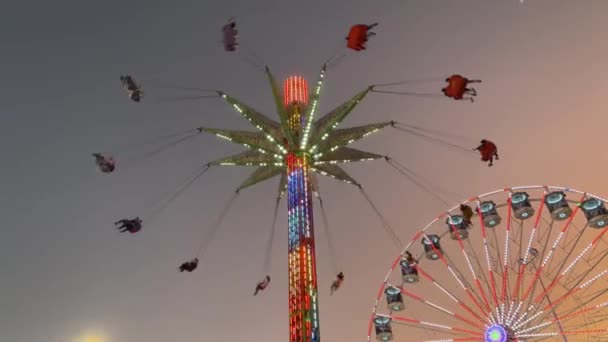 Neon Retro Schaukelfahrt Mit Einem Riesenrad Hintergrund Der Abenddämmerung Ekka — Stockvideo