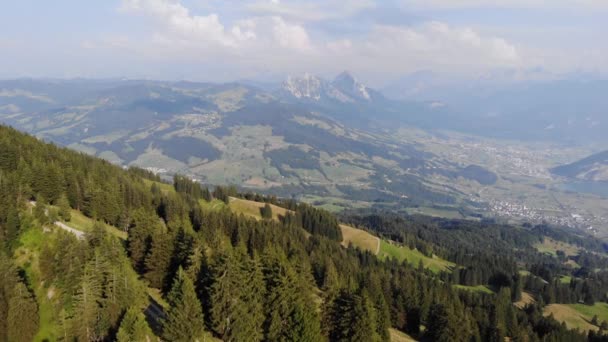 Majestic Mythen Toppar Sett Utifrån Wildspitz Schweiz Antenn Drönare — Stockvideo
