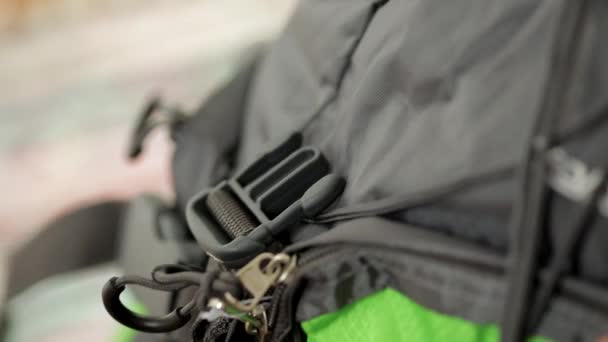 Handheld Footage Backpack Its Buckle Being Closed Hands Traveller — Stock Video