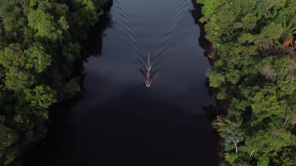 一艘满载游客的船在丛林中河中航行时的前缘空中拍摄 — 图库视频影像