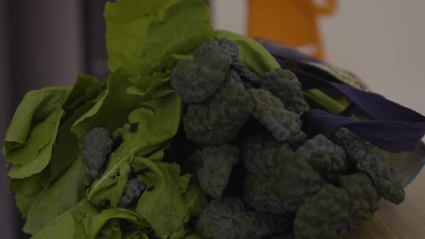 慢慢地 室内平底锅 从农贸市场上喷出甘蓝和萝卜青菜 — 图库视频影像