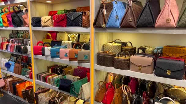 High Quality Fake Designer Bags Shelves Turkey Store Fake Luxury — Stock Video