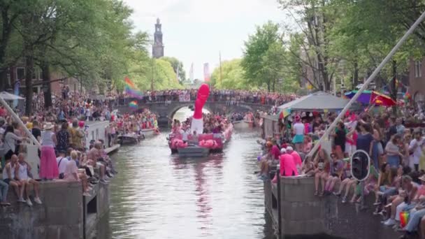 Pridefest Med Regnbågsflaggor Och Ballonger Amsterdam Nederländerna — Stockvideo