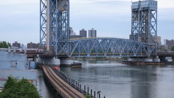 Crisp Steadycam Ground Stationary Shot Commuter Trains Crossing Park Avenue — Stock Video