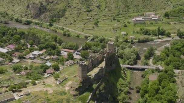 Flying Oldest Ruined Structure Khertvisi Fortress Hilltop Khertvisi Village Meskheti — Stock Video