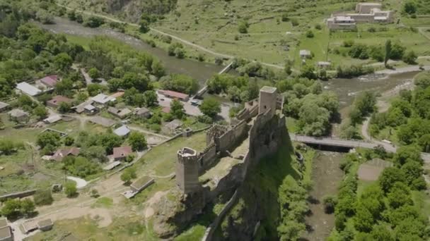Khertvisi Fortress Overlooking Estuary Paravani Mtkvari Rivers Rocky Mountain Samtskhe — Stock Video