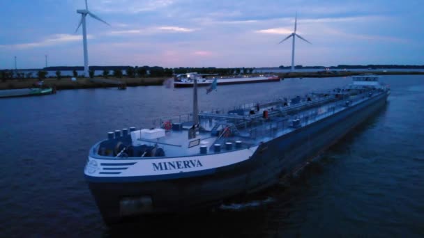 Aerial View Forward Bow Minerva Liquid Tanker Ship Overcast Blue — 비디오