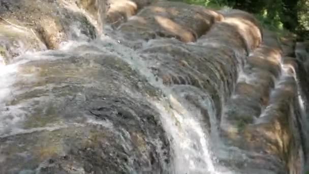 Closeup Beautiful Water Cascade Calcareous Rock Formation Steps Artificial Waterfall — Stock Video