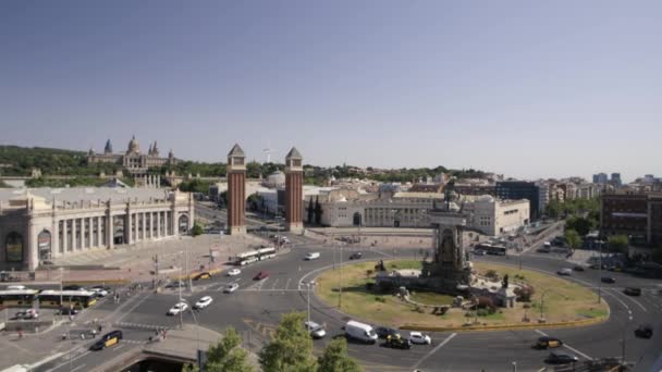 Διάσημο Ορόσημο Της Plaza Espanya Κυκλικό Κόμβο Τους Ενετικούς Πύργους — Αρχείο Βίντεο