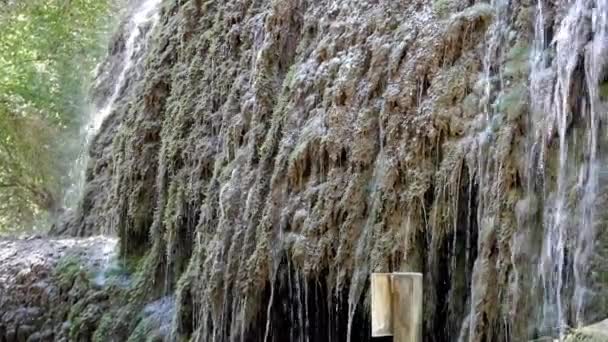 Каменная Стена Покрыта Потоком Воды Внизу Льется Ручей Калийные Струпья — стоковое видео