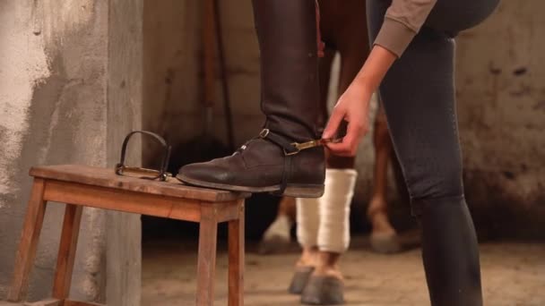 Zugeschnittenes Porträt Einer Reiterin Die Sich Vor Dem Reiten Stall — Stockvideo