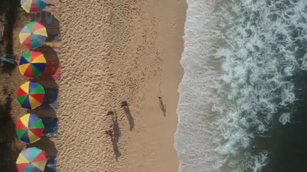 Вид Воздуха Пляж Пролетающий Над Людьми Наслаждающимися Морским Побережьем Волнами — стоковое видео