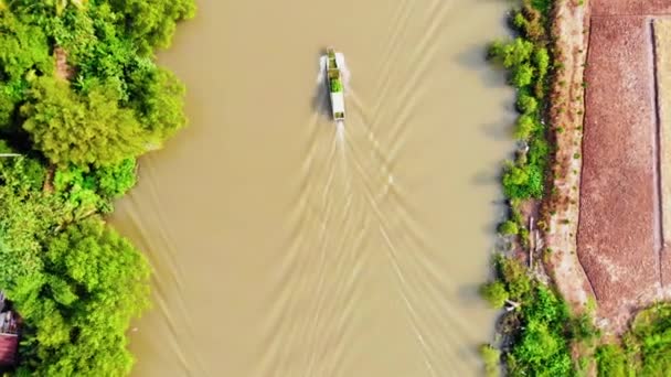 沿湄公河三角洲河漂流的渡船空中自上而下跟踪视图 滨江棕水航道 环绕着自然绿地农业和荒地 — 图库视频影像