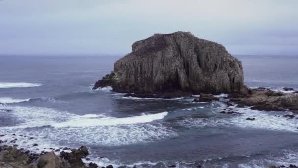 智利阿尔加罗博市Pea Blanca岩石岛上多云的海浪和一群鸟儿在休息 — 图库视频影像