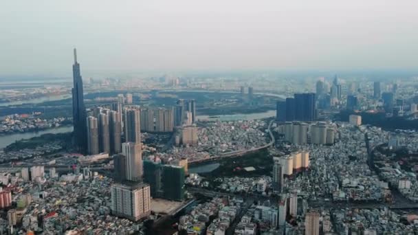 Drone Hyperlapse Smoggy Chi Minh City Views Landmark Binh Thanh — Vídeos de Stock