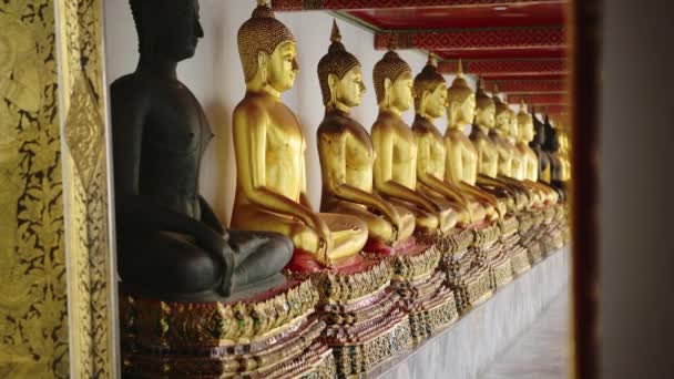 Gold Buddha Statue Bangkok Thailand Lots Buddhist Statues Row Beautiful — Stock video