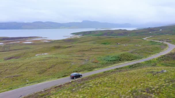 Aerial Drone View Scotland Highlands Road Trip Vacation Driving Car — Stock Video