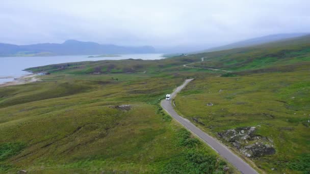 Aerial Drone View Scotland Highlands Road Trip Driving Holiday Mountains — ストック動画