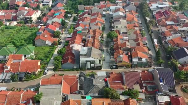 Motorbike Driving Local Indonesian Neighborhood Bandung Sunrise Aerial — Stock Video