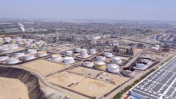 Aerial Flyover San Pedro Oil Refinery Produces Gasoline Diesel Aviation — Stock Video