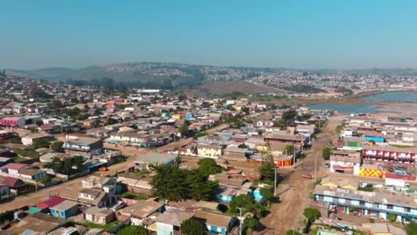 Drone Flying Close Colorful Shantytown Unpaved Roads Chile Developing Neighbourhood — Stock Video