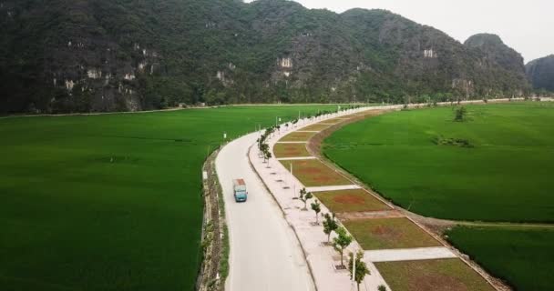 行驶在穿过稻田中间的道路上的车辆 — 图库视频影像