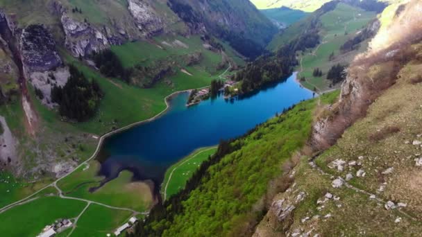 瑞士弗伦西湖的俯瞰 被山脉环绕 — 图库视频影像