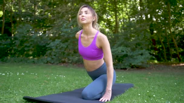 Jeune Femme Vêtements Exercice Faisant Yoga Dans Cadre Parc Concentrant — Video