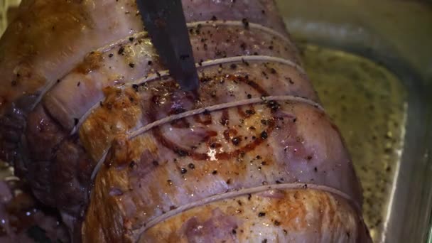 Slow Motion Stabbing Half Done Pork Joint Serrated Kitchen Knife — Stock Video