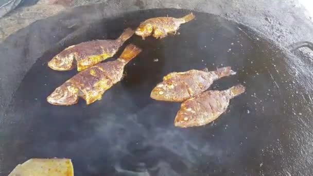 Pescado Picante Frito Una Sartén Grande Hierro Fundido — Vídeo de stock