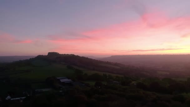 Aerial Red Sunset Glorious Green Hills Fields Devon England Rolling — Stock Video