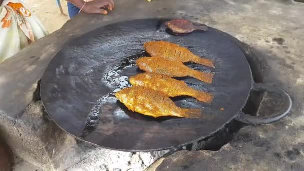 Woman Placing Marinated Spicy Fish Big Cast Iron Pan Frying — Stock Video