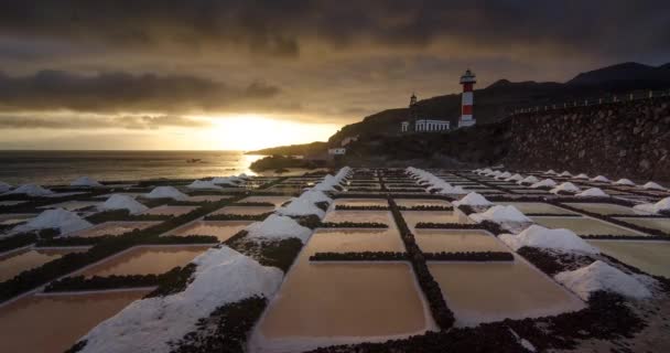 Sunset Fuencaliente Salt Fields Leading Lines Salt Fuencaliente Lighthouse — Stock Video