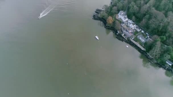 Aerial Dartmouth Estuary West Side Coastline Tracking Mouth River Speed — Stock Video