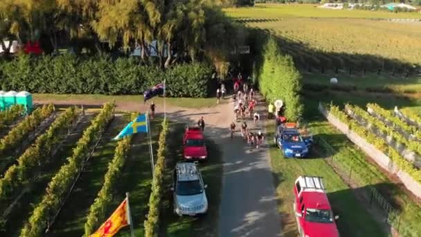 Aerial Motorrijders Starten Hun Race Een Wijnmakerij Marlborough Nieuw Zeeland — Stockvideo