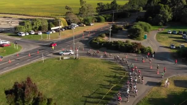 Aerial Grupa Rowerzystów Ścigających Się Przez Winiarnię Marlborough Nowa Zelandia — Wideo stockowe