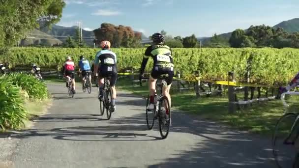 Slowmo Acción Tiro Siguiente Grupo Ciclistas Por Detrás Las Carreras — Vídeos de Stock