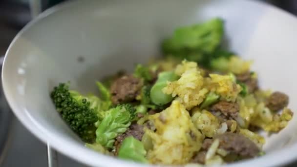 Slowmo Putting Food Curry Rice Broccoli Beef Mince Meat Bowl — Stock Video