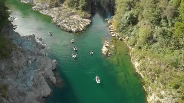 Slowmo Mensen Kanotocht Peddelen Mooi Ongerept Helder Blauw Pelorus River — Stockvideo