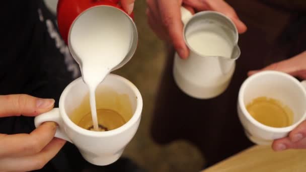 Slowmo Barista Draws Milk Espresso Coffee Making Latte Art Pattern — 비디오