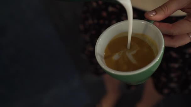 Slowmo Επαγγελματική Γυναίκα Barista Κάνει Rosetta Καπουτσίνο Close — Αρχείο Βίντεο